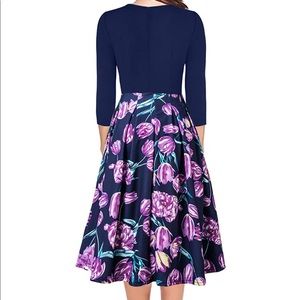 Womens Floral Dress 3/4 Sleeve Casual A-line Midi Dress with Pockets